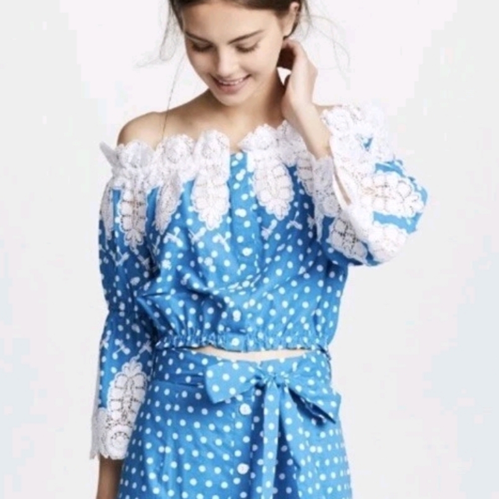Miguelina Polka Dot Dragonfly Embroidered Lace Trimmed Crop Top